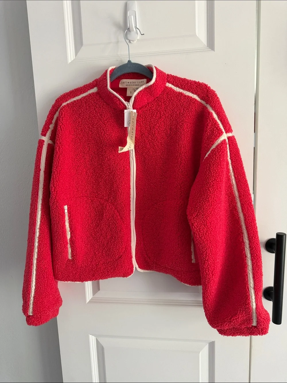 saltwater LUXE Red Sherpa Zip Jacket with White Trim
